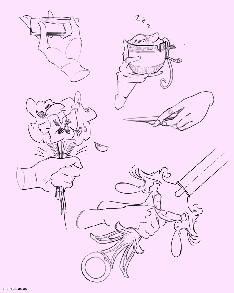 sketches of hands holding different objects