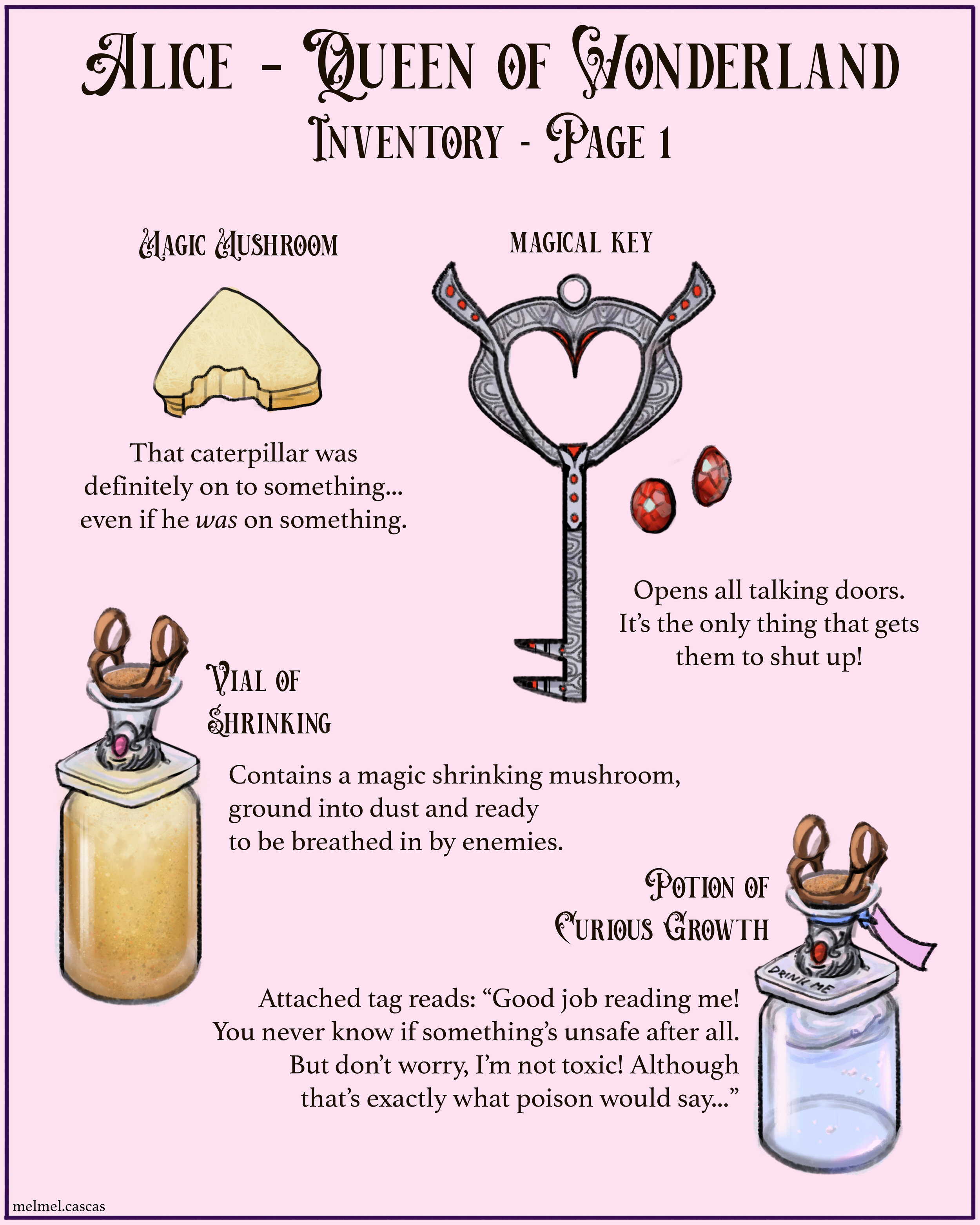 designs for a key, vial of shrinking, potion of curious growth, and magic mushroom
