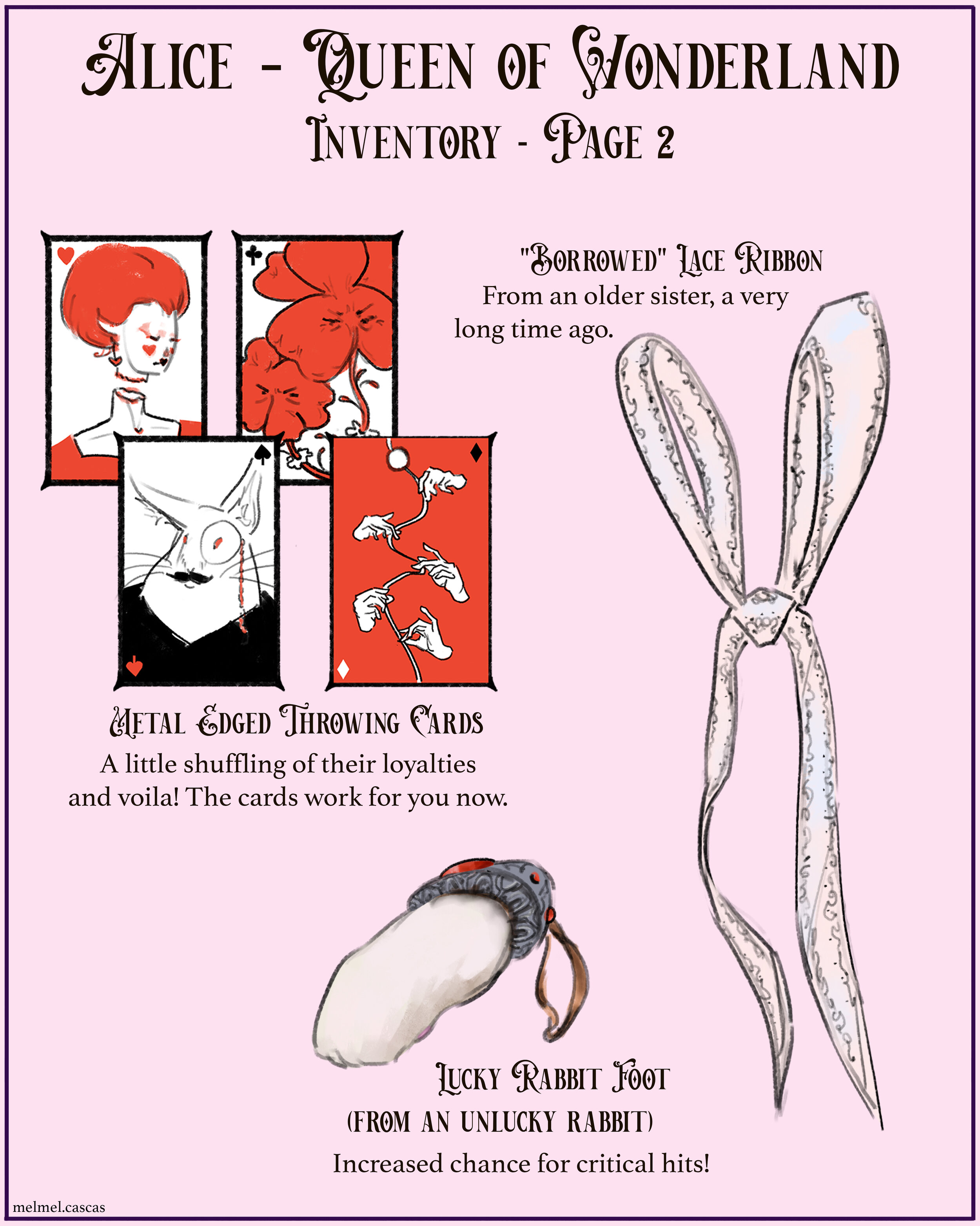 designs for a lace ribbon, metal edged throwing cards and a rabbit foot