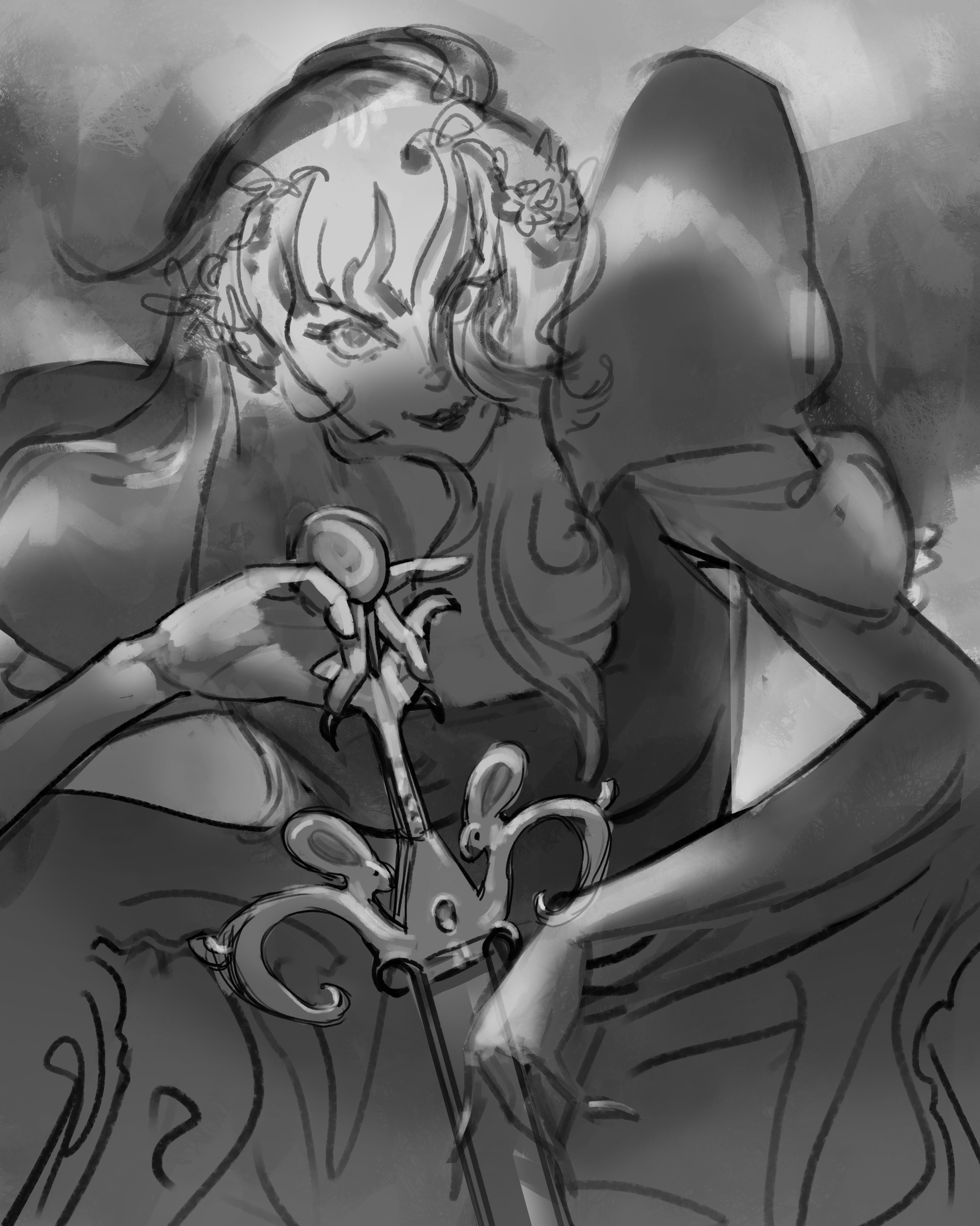 black and white image of alice with sword