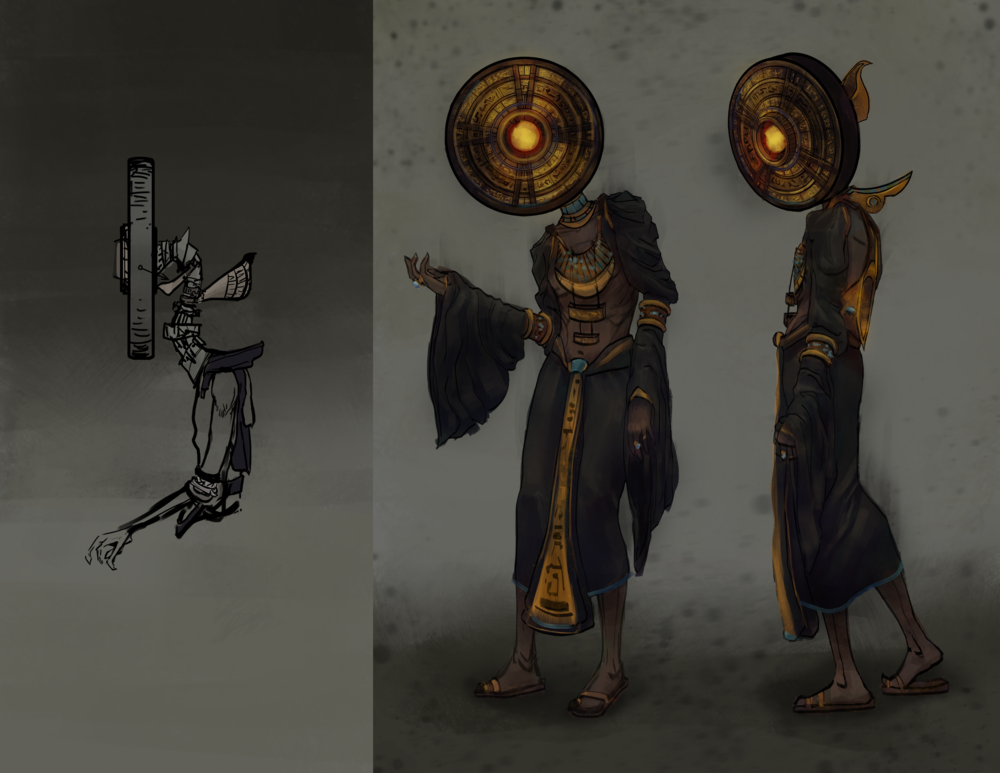 humanoid person with a sundial for a face
