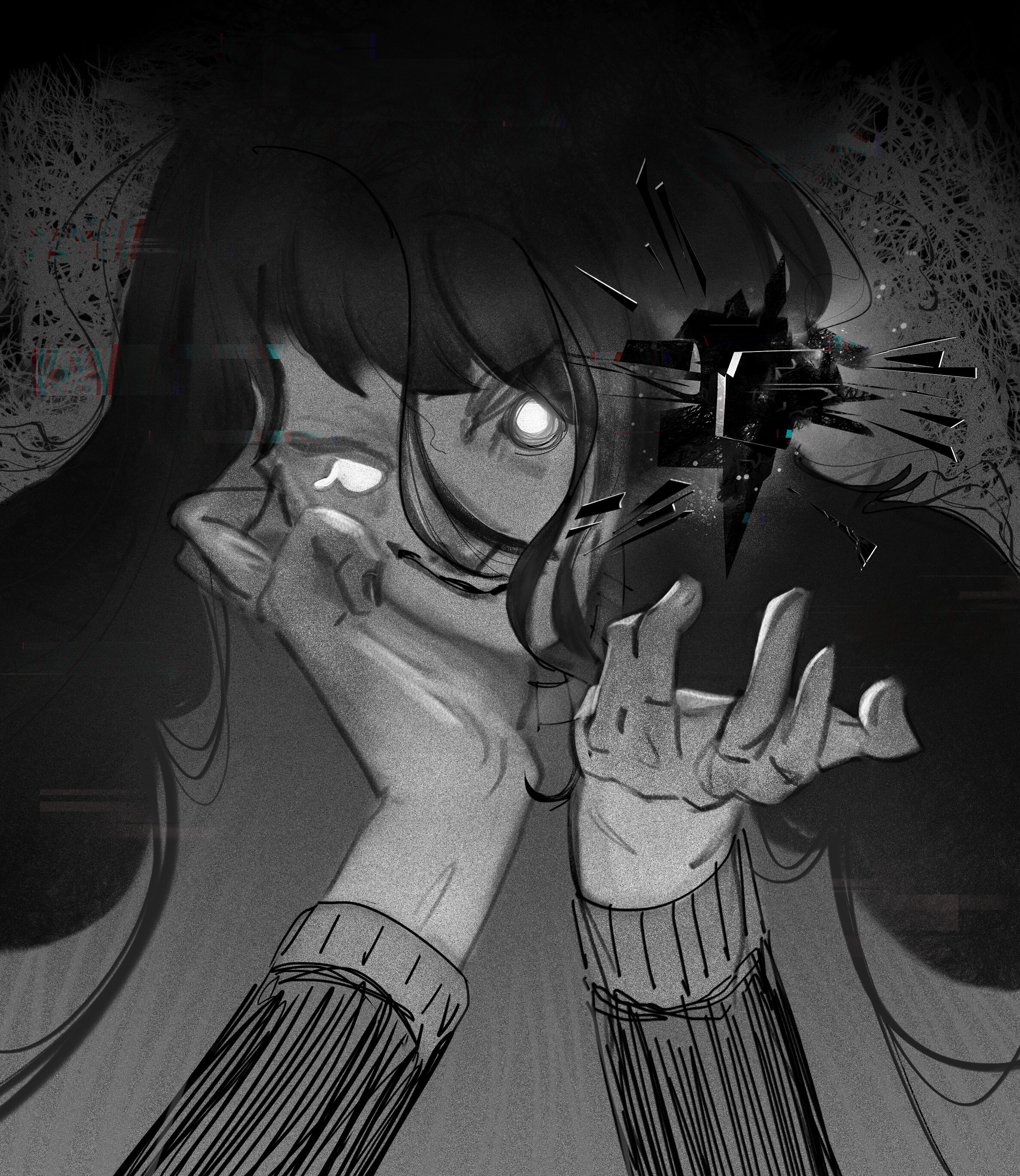 black and white illustration of a girl making weird hand gesture