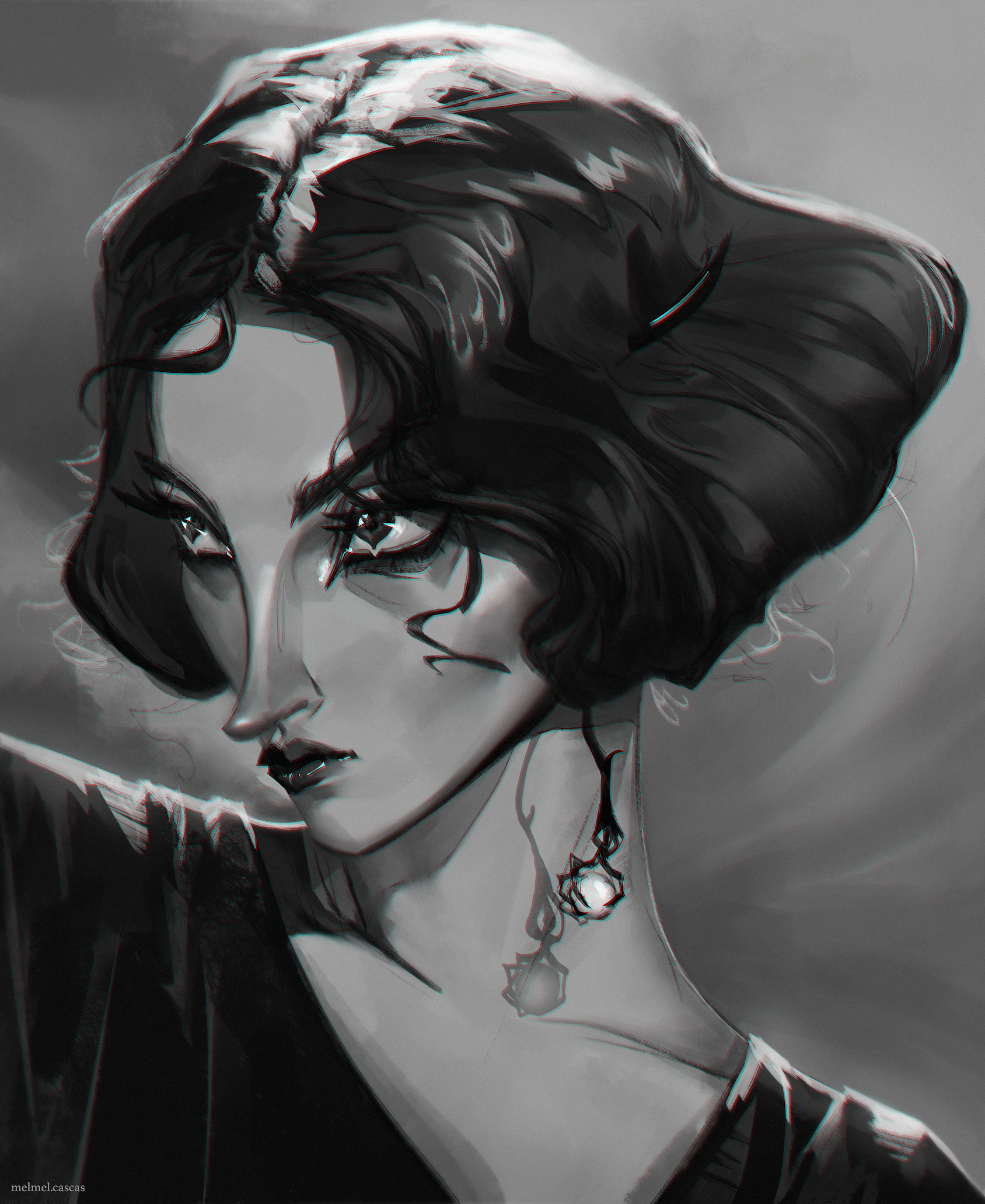 illustration of a woman with short hair in black and white