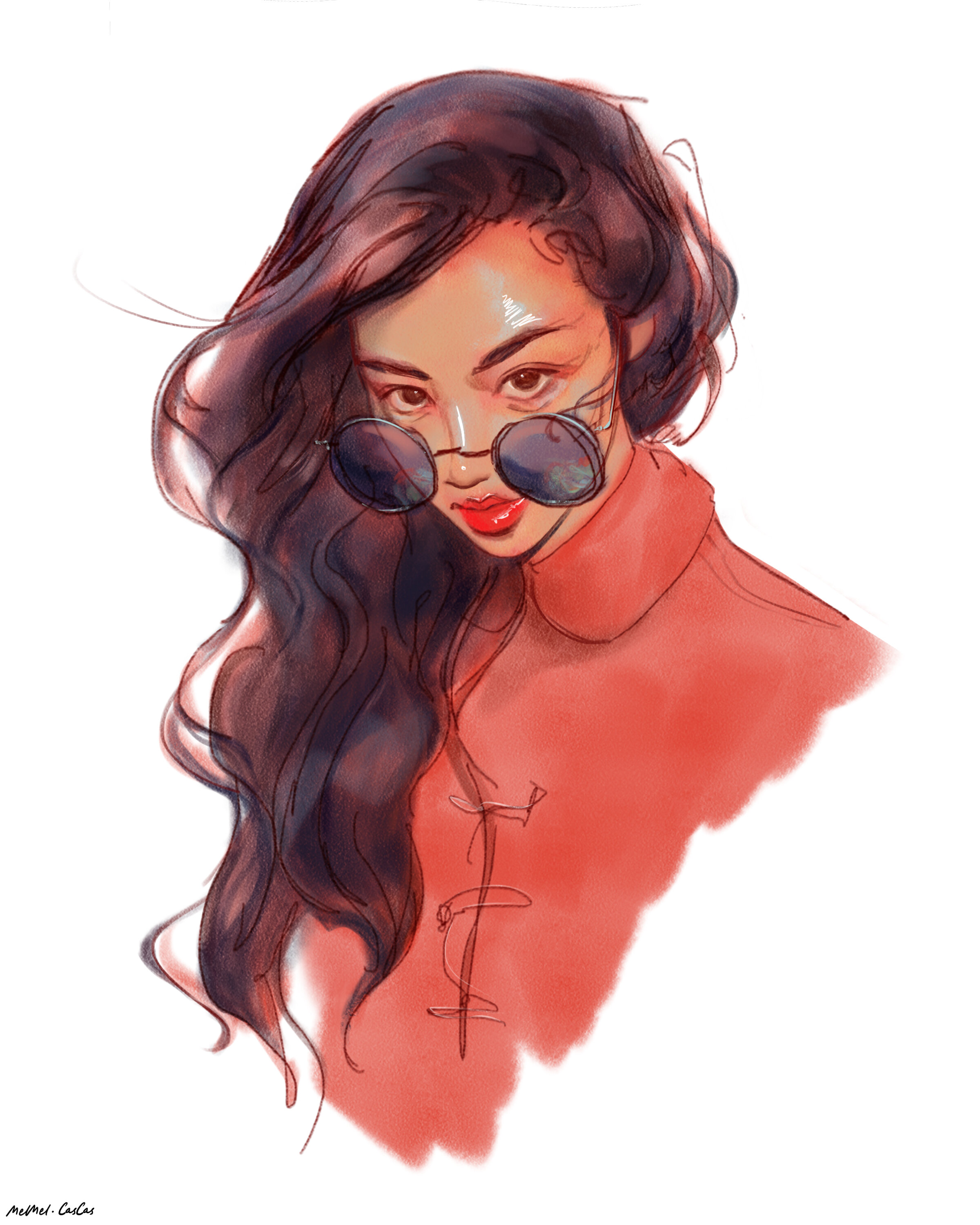 illustration of a woman with long black hair and glasses
