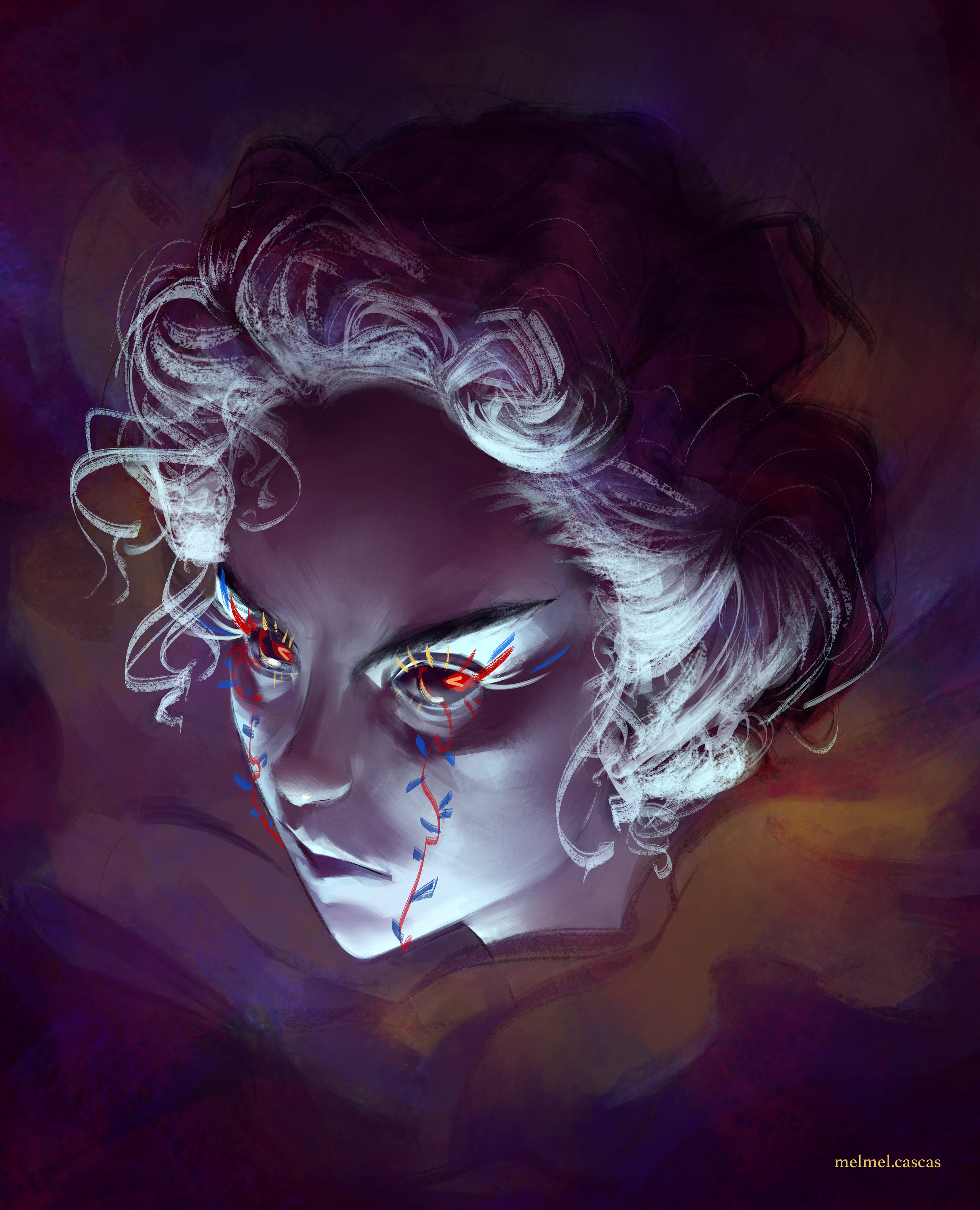 illustration of a woman with short hair and makeup inverted colors