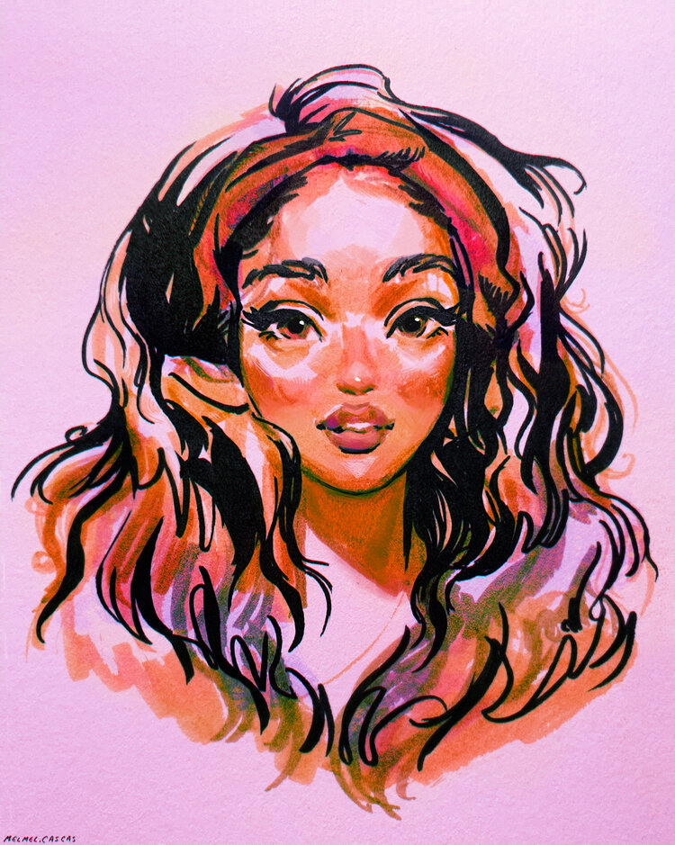 sketch of a woman with voluminous hair